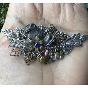 Cara Stimmel Ltd Brooch Frog Ladybug‎ Beads Floral Silver Tone Signed 2.75" VTG